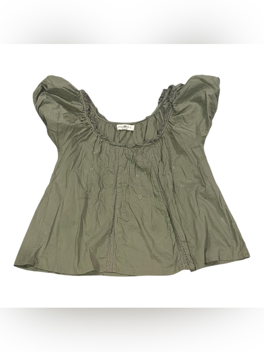 NATURAL LIFE Sweet Nothings Olive Green Short Sleeves Embroidered Cotton Top S - Picture 7 of 12